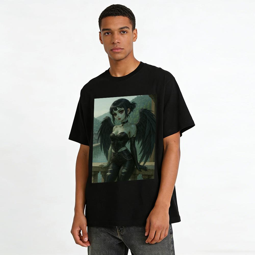Gothic Fallen Angel Print Top Edgy Streetwear Gothic Aesthetic Tee For Punk & Dark Style Lovers Pure cotton T-shirt