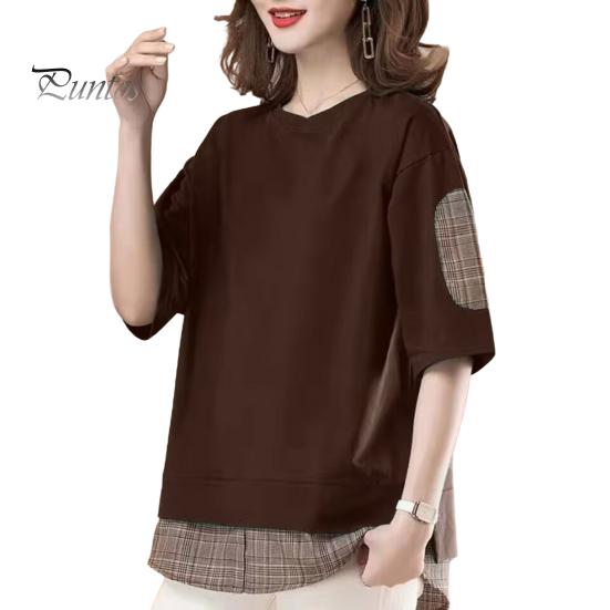 

Женские повседневные топы с круглым вырезом и коротким рукавом, поддельные две части, футболка, стандартный крой, летние топы, повседневная одежда 2XL кофейный