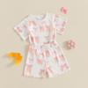 Toddler Girl Summer Clothes Bow Print Short Sleeve Round Neck Tops Elastic Waist Shorts Outfit