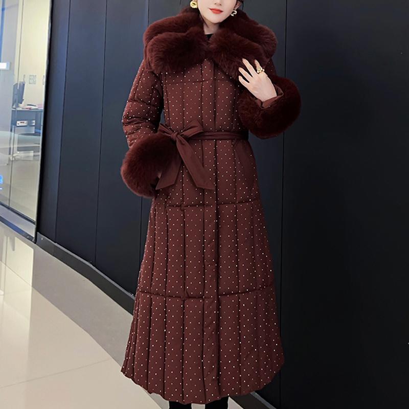 Móda nadměrné velikosti L-4XL Dámské zimní kabáty s páskem Velký límec z umělé kožešiny Dlouhé parky s kapucí Volné Silné Dámské bundy