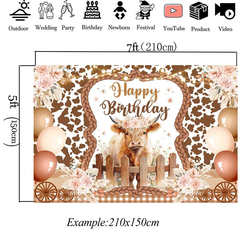 Mocsicka Happy Birthday Backdrop Western Farm Cow Print Photography Background Boho Cowgirl Party Decorations Photo Booth Banner