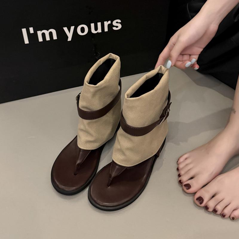 2025 fashion open-toed herringbone boots inner height increase short boots belt buckle spring and summer new trouser boots two wear cool boots