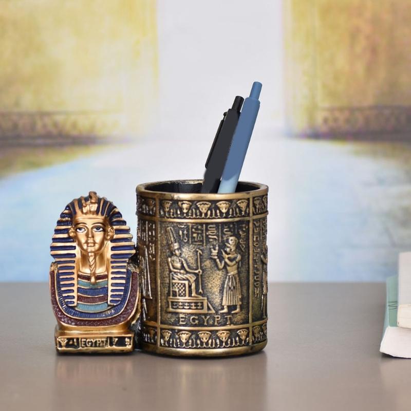 Egyptian Themed Decorative Pen Stand With Intricate Design Resins Craft Pencil Holder Organizers For Modern Home Accent
