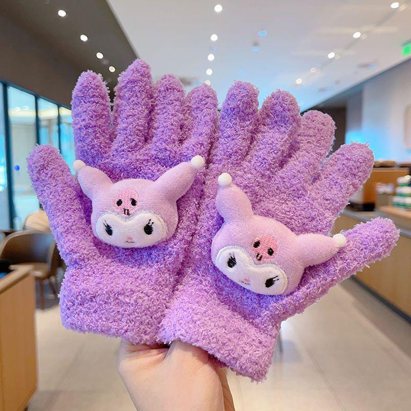 1Pair Kawaii Cute Kuromi Melody Cinnamoroll Kt Cat Gloves Cartoon Five Finger Gloves Autumn Winter Warm Student Gloves