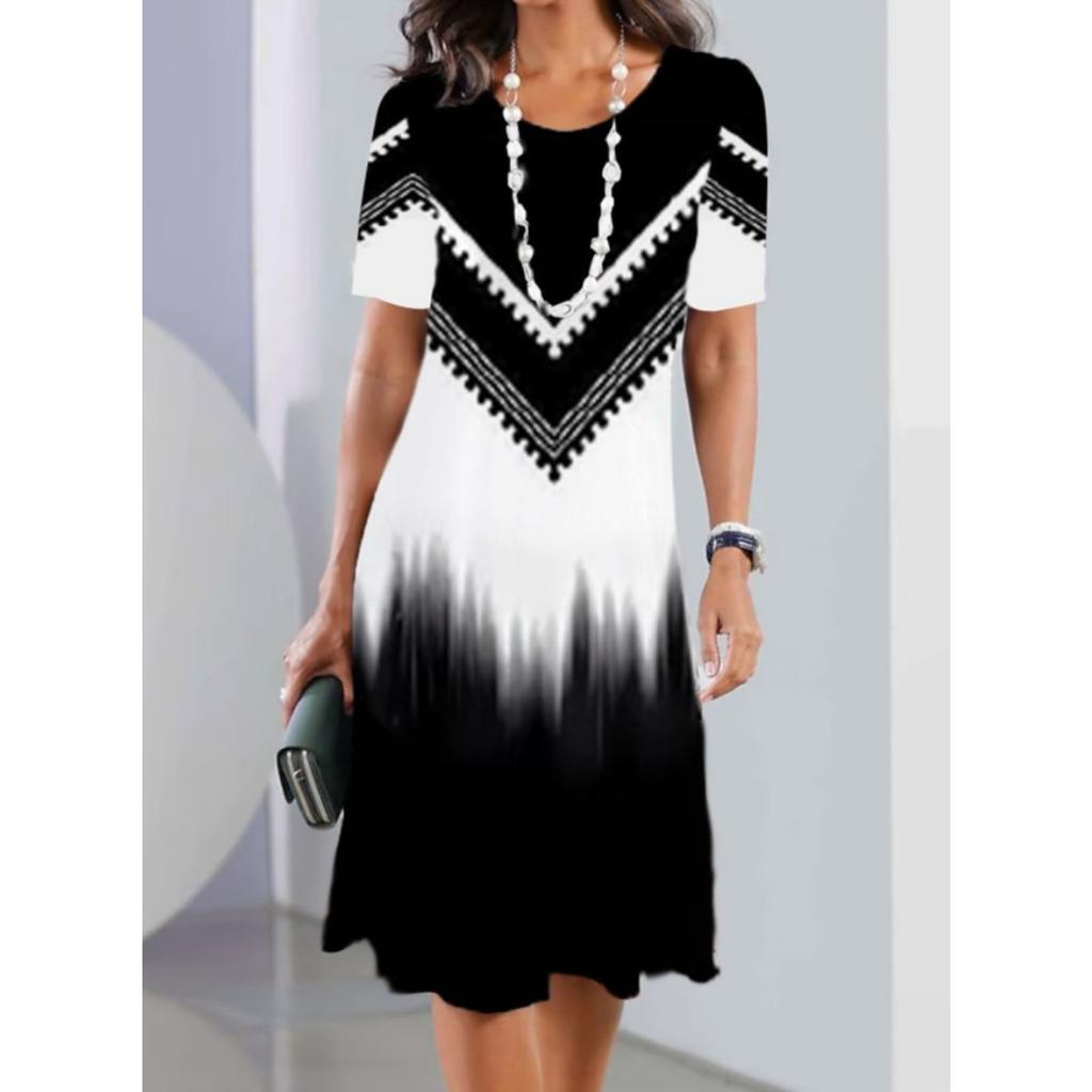 Rundhals Print Blumenkleid Taillenbetontes Elegantes Kleid für Damen Kurzarm Lockere Kleider Causal Kleid