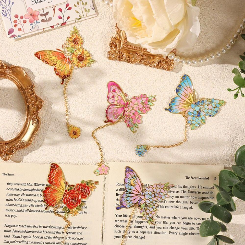 Tassel Chain Metal Butterfly Bookmark Hollow Flower Flower Painting Bookmark  For Book Lovers