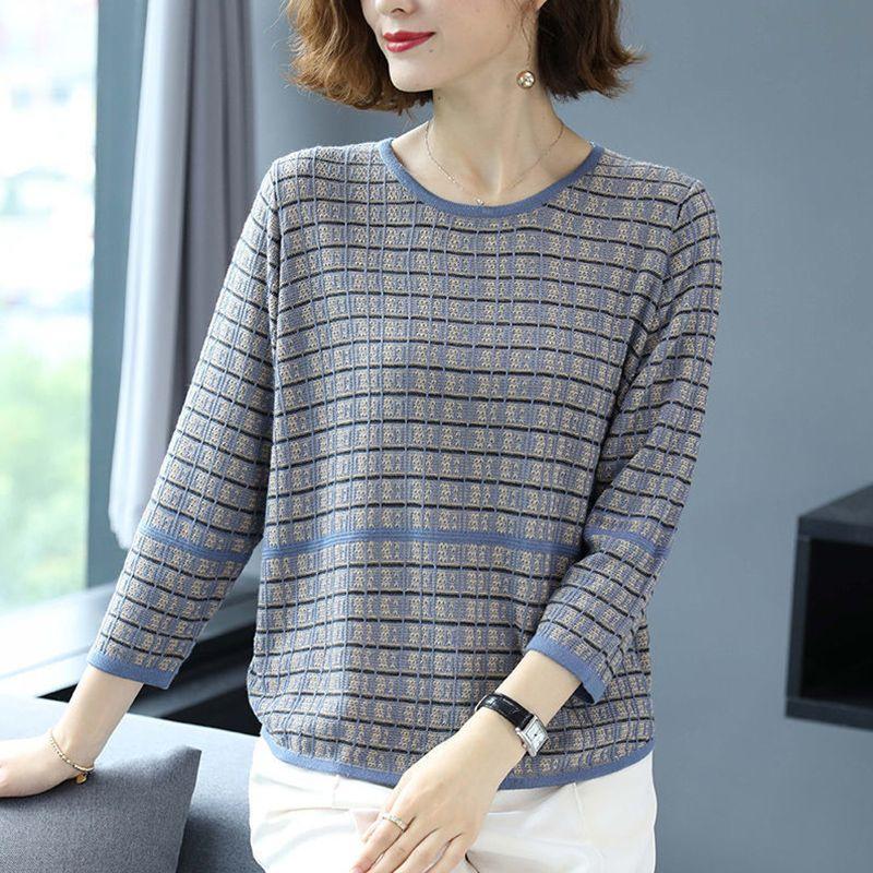 

Тонкий трикотажный женский свободный летний топ из ледяного шелка с семью рукавами для выхода в свет, короткая футболка со средним рукавом Undercover 2XL синий