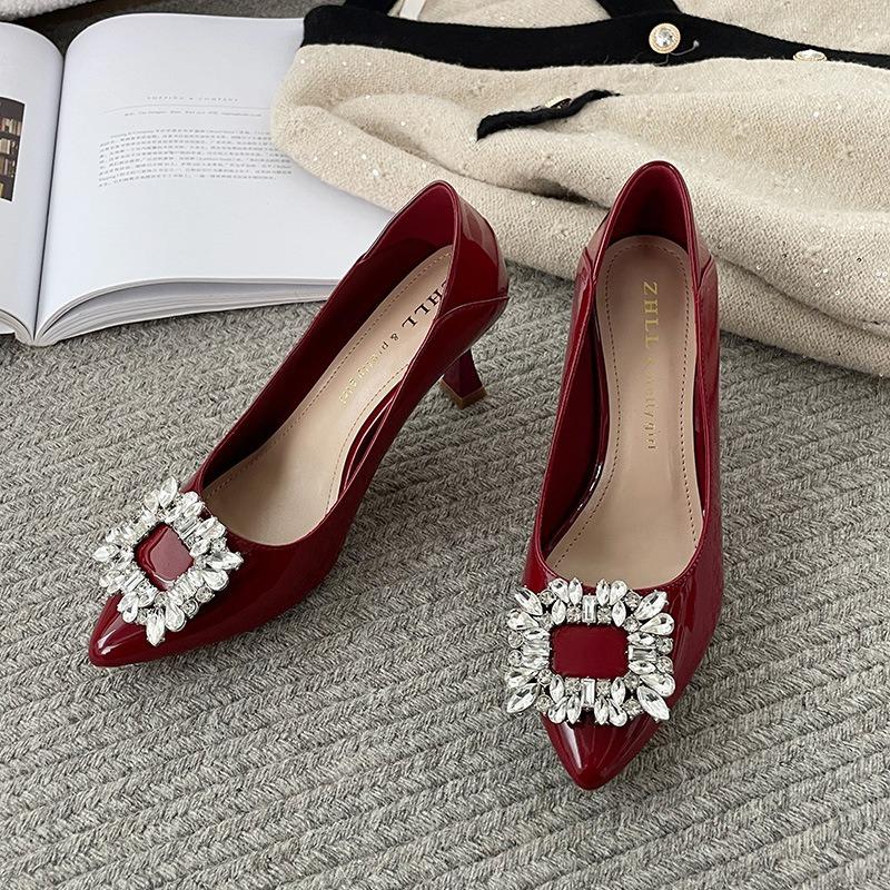 High heels women's thin heels pointed toes nude women's single shoes fattened and widened large size women's shoes-4 rhinestones women's medium heel