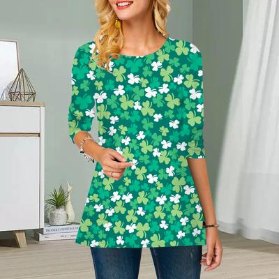 Plus Size Women Flower Clover Print Round Neck Casual Loose Long Sleeve Top