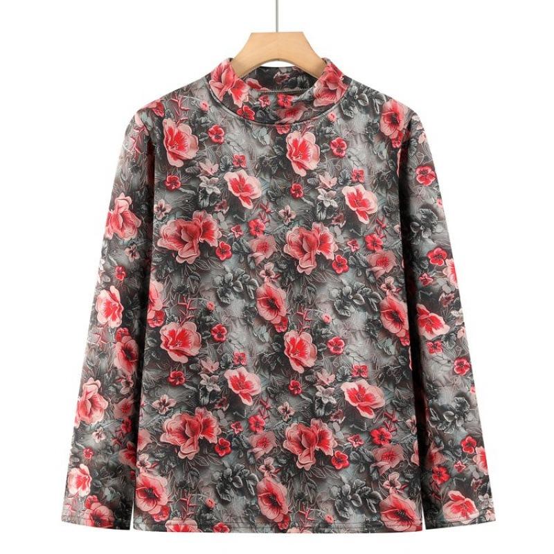 Autumn and Winter Long-sleeved Semi-turtleneck German Velvet Bottoming Shirt for the Elderly Velvet Underwear Floral Warm Autumn Clothes