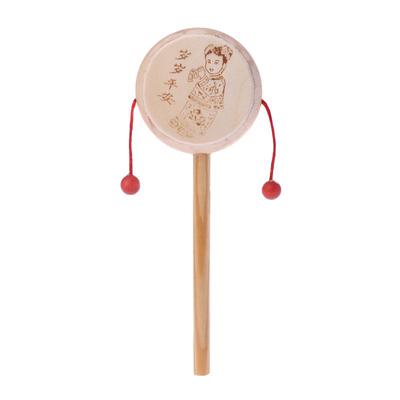Wood Cartoon Chinese Traditional Spinning Rattle Drum Hand Bell Baby Musical Toy