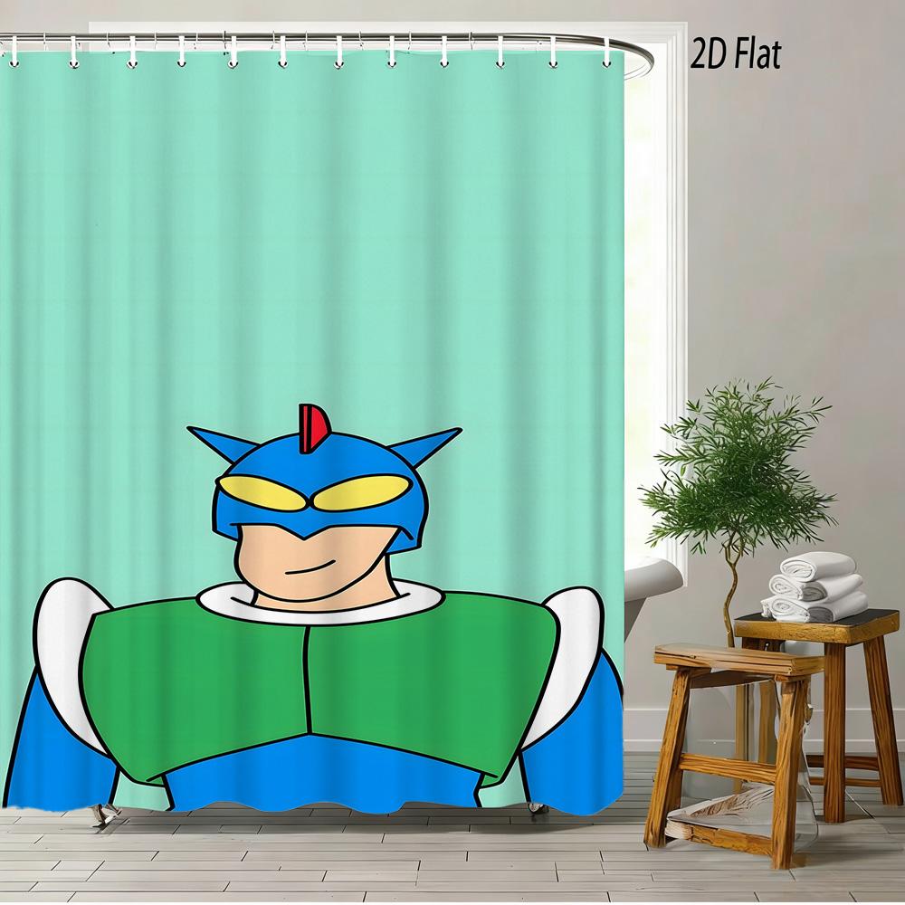 Crayon Shin-Chan Ufo & Shiro 2D Print Waterproof Shower Curtain, Green Anime Bathroom Decor With Hooks