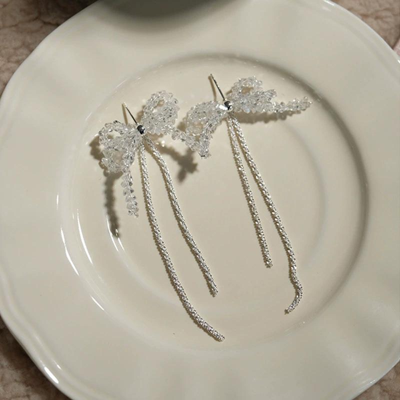 Корейские серьги-бантики с бисером, серьги с бахромой, темпераментные серьги для девичьего сердца