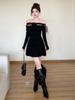Autumn Lace Leopard Print Design Sense Long Sleeve Diagonal Shoulder Stitching Black Pure Desire Dress Waist American Spice Girl Short Dresses