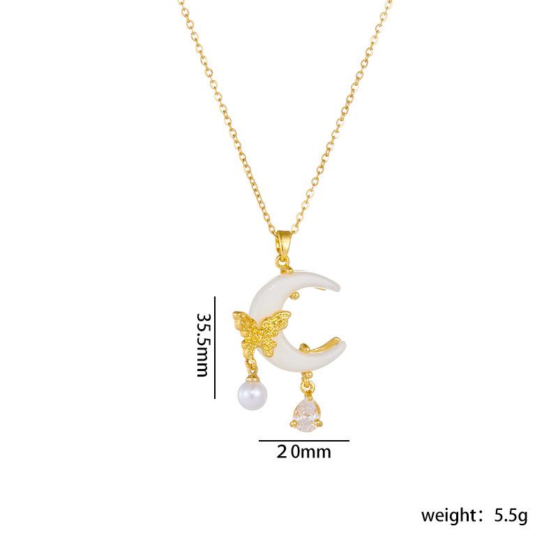 Stainless Steel Chain Sweet Shiny Zircon Butterfly Resin Moon Pendant Necklace for Women Lady Fashion Jewelry Accessories Gifts