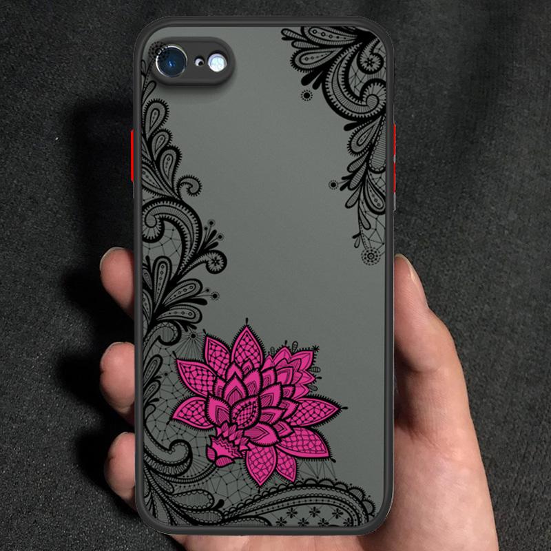Lace flower pattern Frosted Transparent Hard Back Phone Casing Soft Silicone Edge Full Cover Case for iPhone 16 17 Samsung A16 A53 Redmi 10C 12 Note13