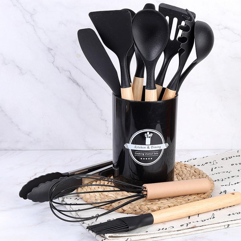 Conjunto de 12 Utensílios de Cozinha com Cabo de Madeira, Silicone Resistente ao Calor, Anti-riscos e Livre de BPA