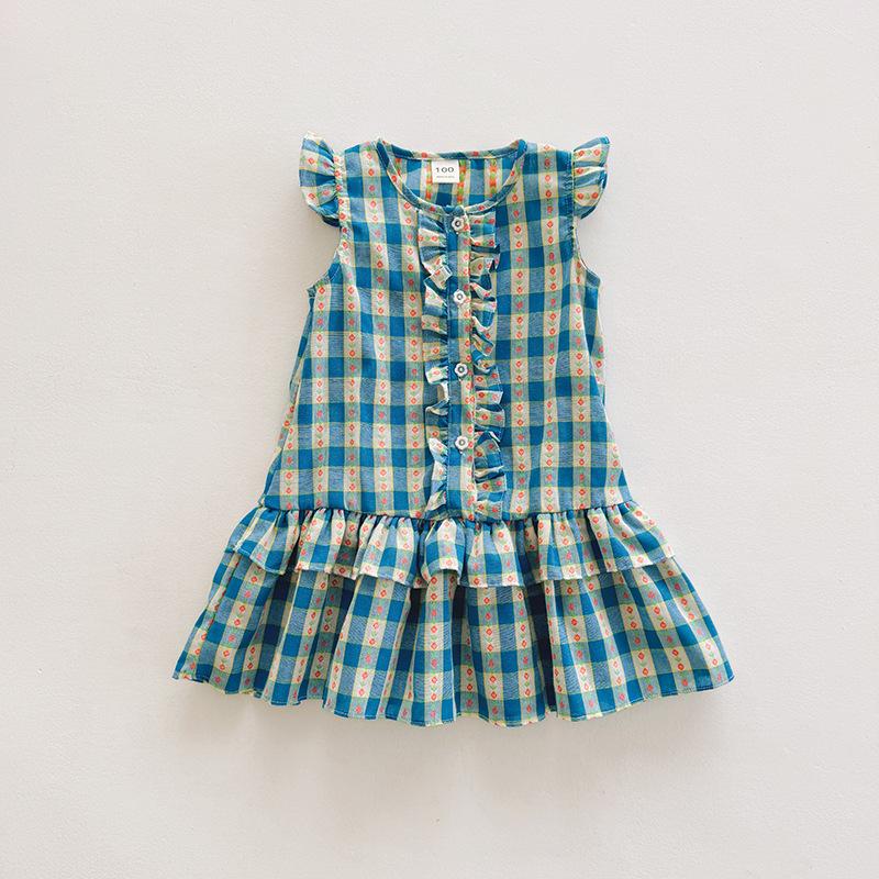 Girls Summer Plaid Cake Dress With Flutter Sleeves And Shirred Bodice Sweet Princess Tiered Skirt For Kids 90cm
