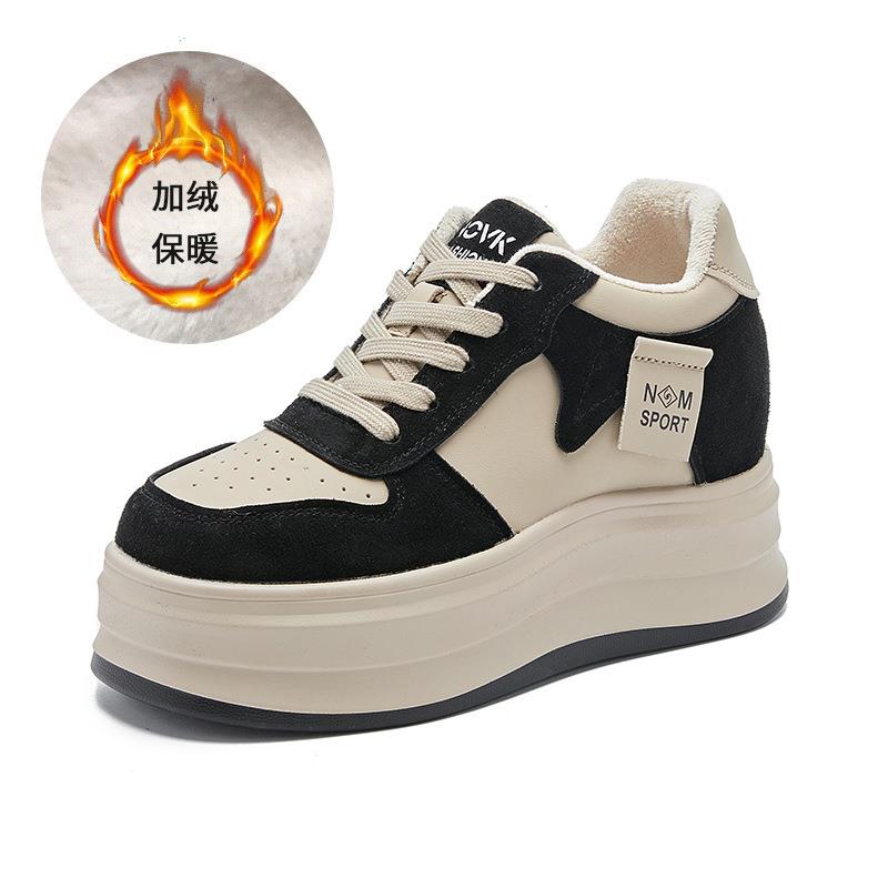 Leather Velvet Women's Shoes Autumn and Winter Women's Thick-soled Inner Height Increase Casual Shoes Children's Versatile White Shoes