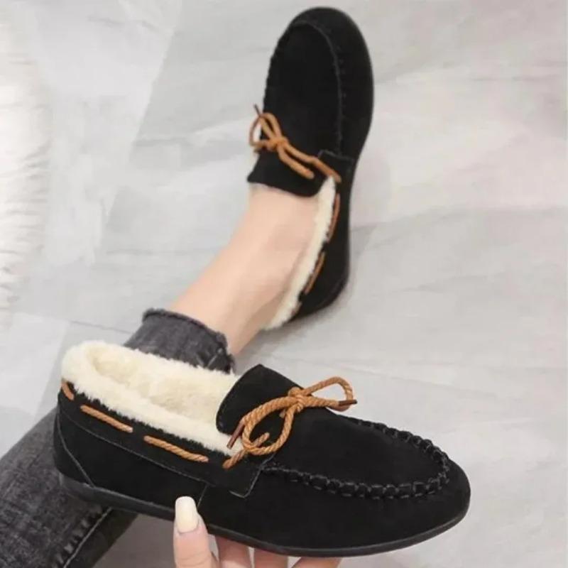 2026 Winter Women's New Bean Shoes Fashionable, Comfortable, Warm, Plush Bow Women's Cotton Shoes Casual Non Slip Flat Shoes
