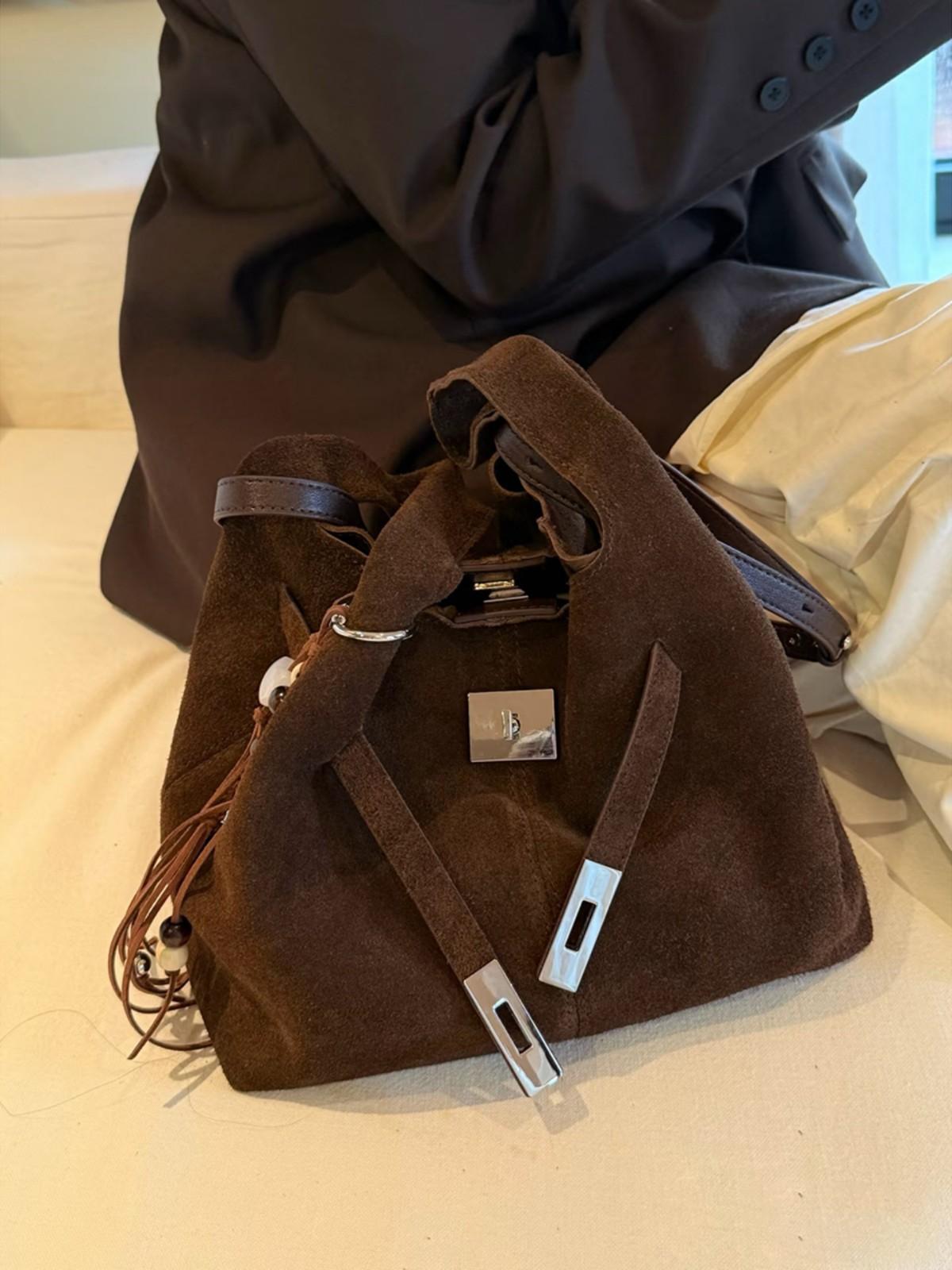 Premium Sense Niche Matte Suede Portable Tote Bag Daily Women S Vegetable Basket Bag Portable Bucket Commuter Bag