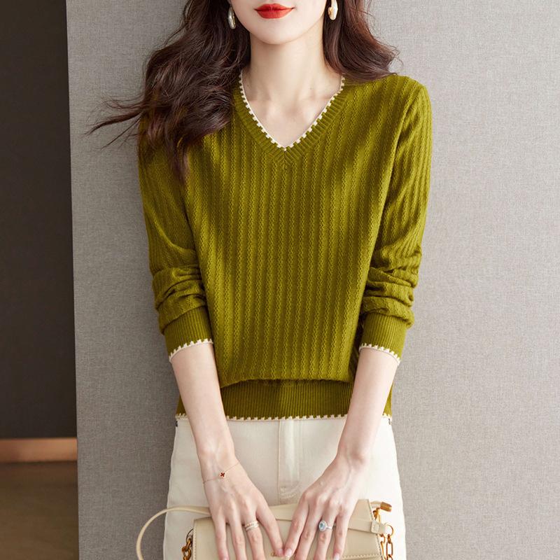 Tricou cu mânecă lungă de toamnă Bluză de bază pentru femei Stil străin actualizat Reduce vârsta Croială relaxată Top Pulover tricotat cu decolteu în V