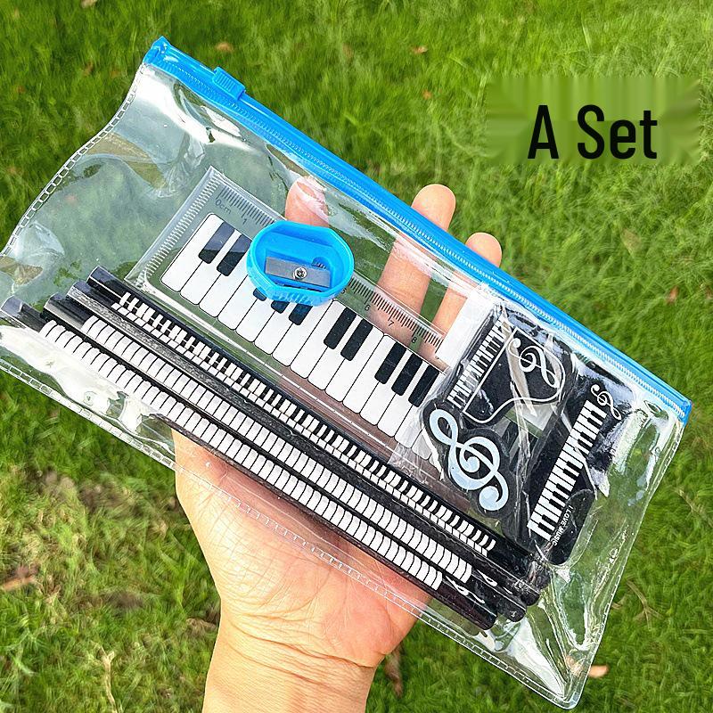 Music Note Pattern Student Stationery: Wooden Pencil and Eraser Set for Children
