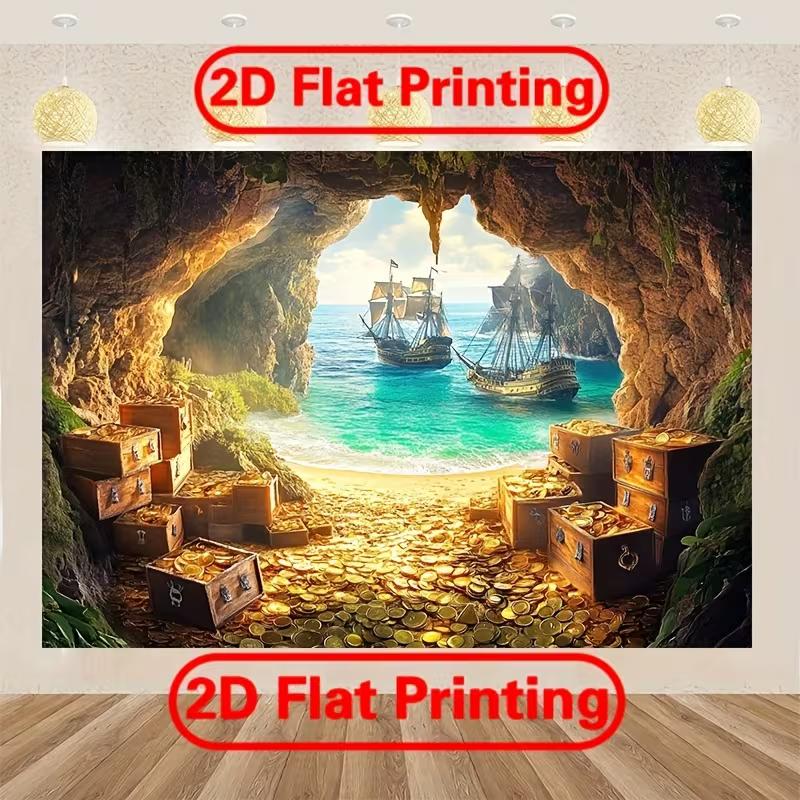 2D Pirate Ship Treasure Backdrop Adventure Photography Background Banner 47.2x31.5inch/120*80cm