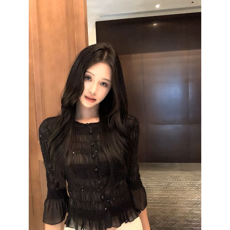 

Kumikumi Old Qian Style Heavy Industry Sequins Pleat Long sleeve Lace Shirt Women Autumn High Sense Solid Slimming Top Sexy Black M