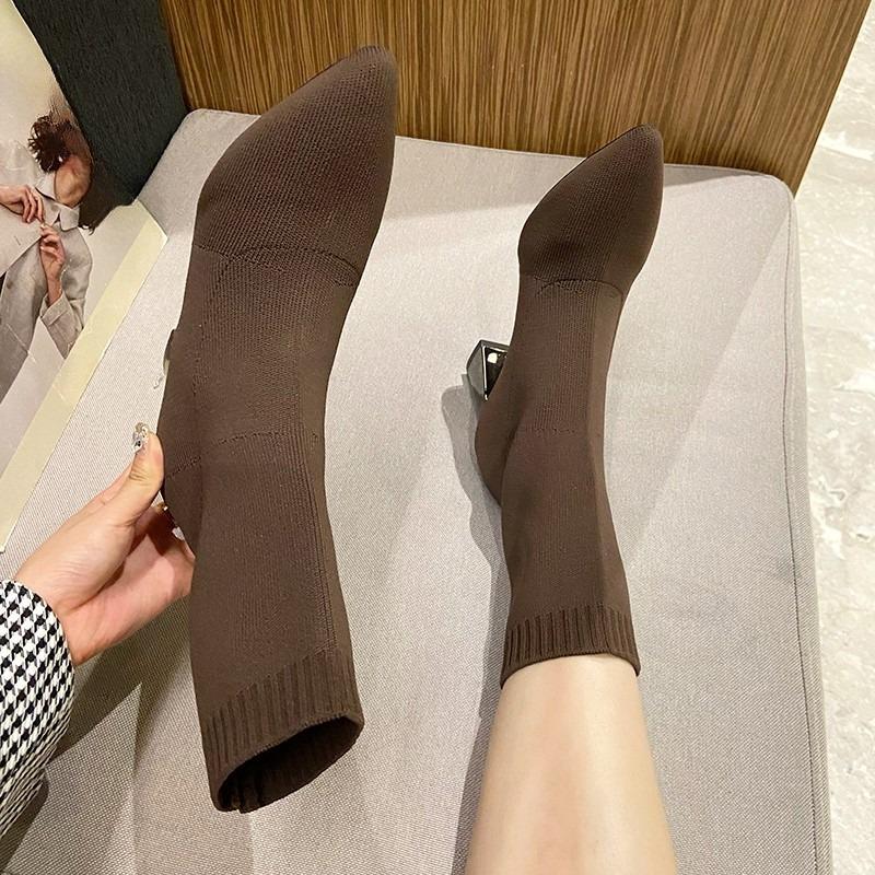 Fashion Stretch Knit Breathable Booties Women Spring and Autumn Pointed Toe Versatile Block Heel High Heel Skinny Boots