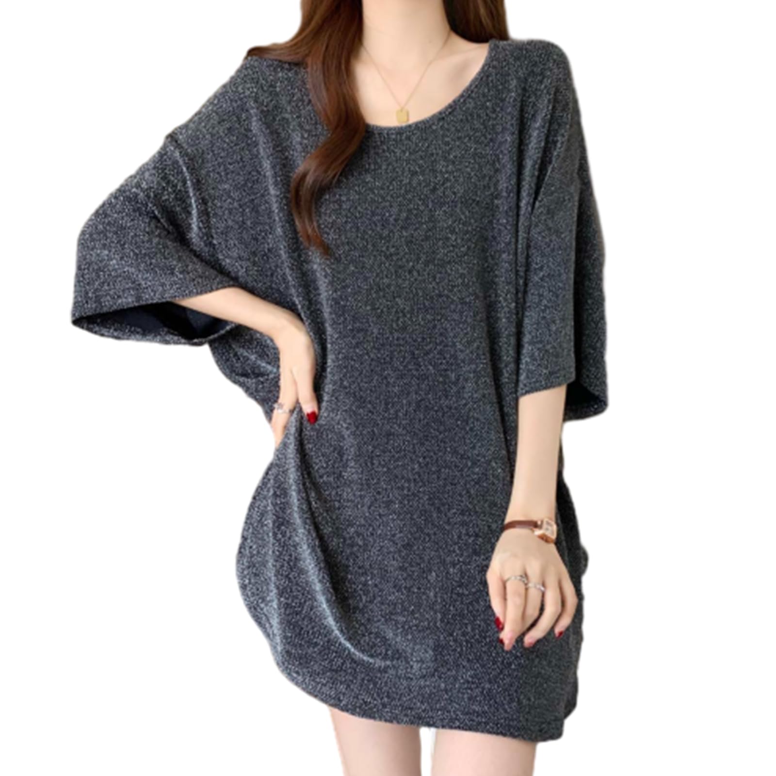 

[JoccKorr] Женская блузка – Короткий рукав, Круглый воротник, Топ кроя и пошива, Ледяной шелк, Фигурный низ, Один размер (Свободный размер) серый