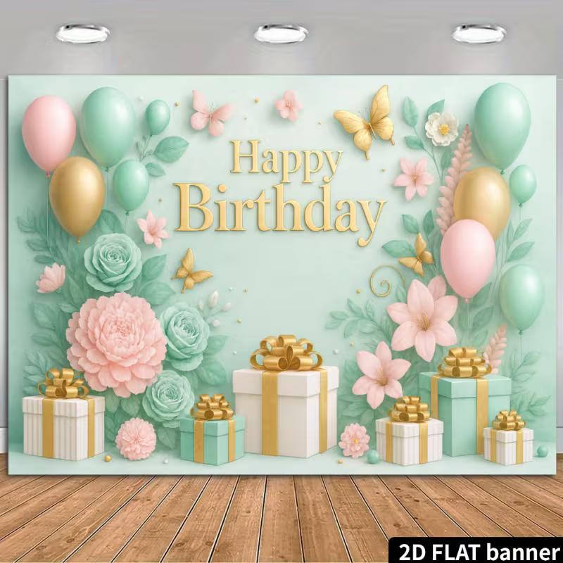 2D Mint Green & Pink Floral Happy Birthday Backdrop Banner Photography Background