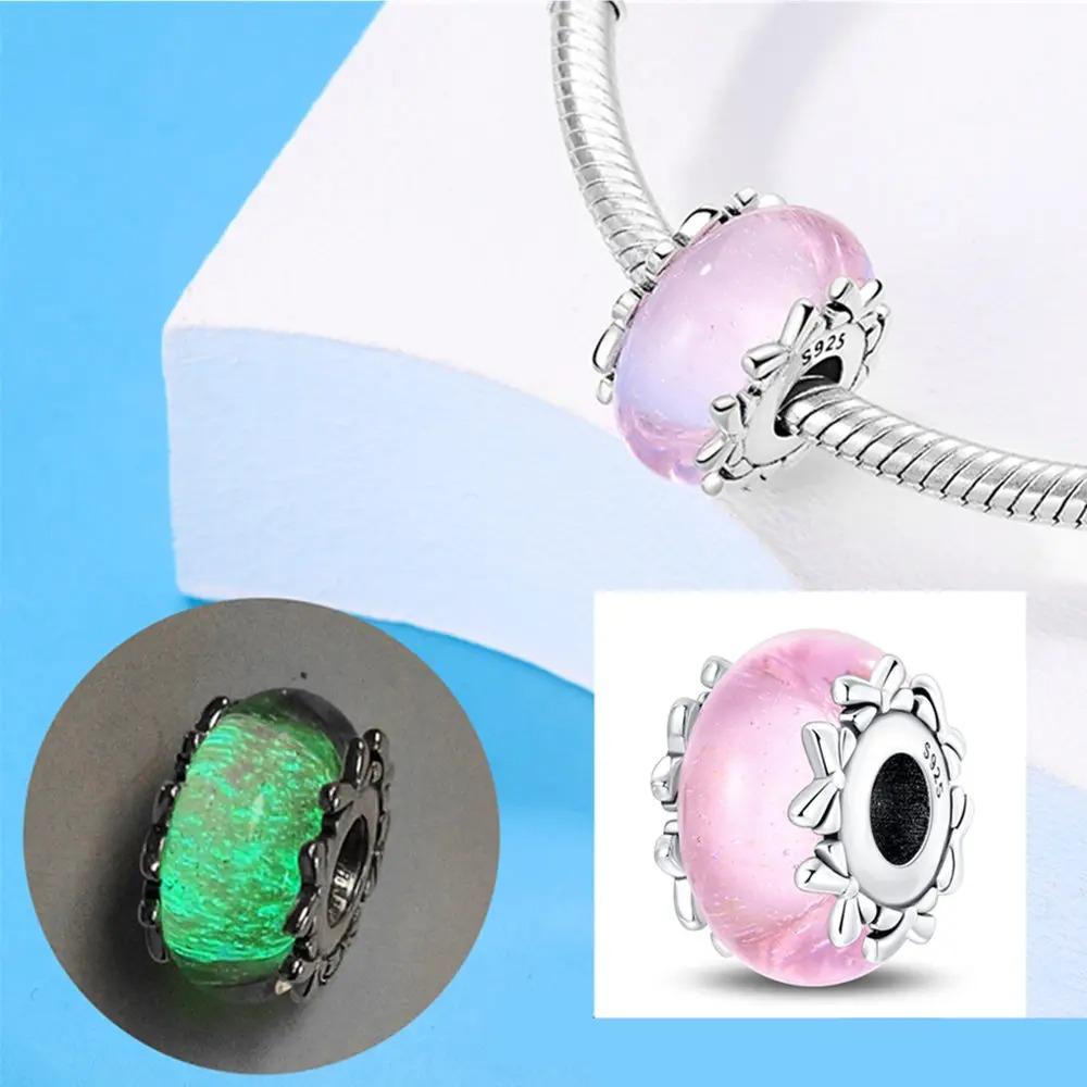 Original Rosa Glasperlen Blaue Romantische Perlen 925 Silber Charms für Frauen DIY Schmuckherstellung Armband Passend