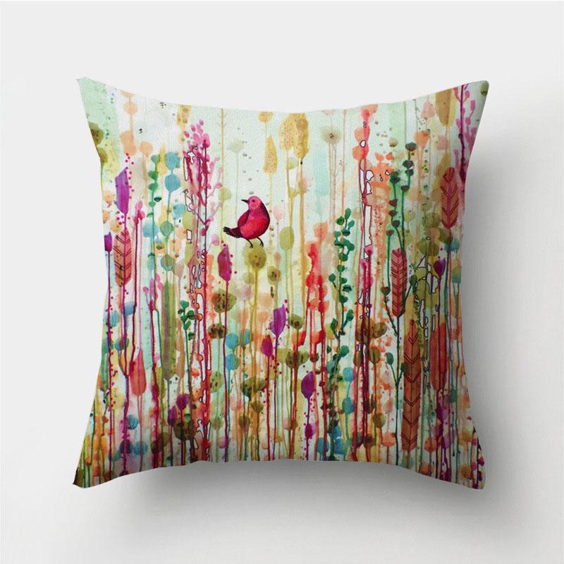 

Pillow Bird Flower Case Watercolor Sofa Living Room Decor Throw Cover Cushion Q