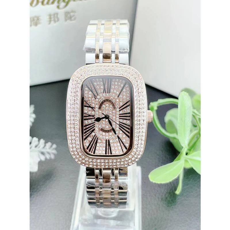 Women Quartz Watch Tonneau Oval Case Diamond Iced Out Reloj Roman Numerals Dial Luxury Clock Ladies Vintage Wristwatch