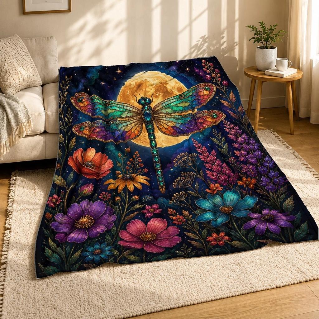 Jeweled Dragonfly Moon Flowers Coral Fleece Blanket Floral Nature Decor