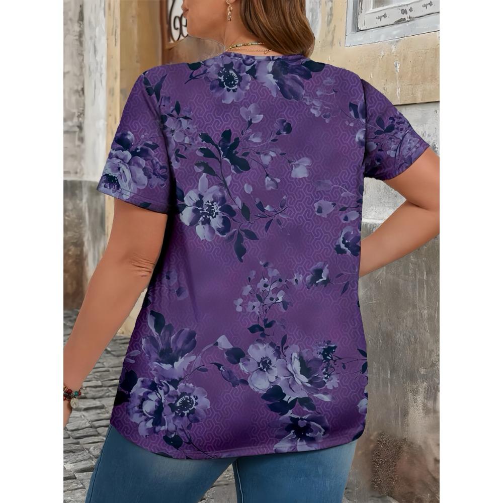 Elegant Floral V-Neck Women's Plus Size T-Shirt - Soft Casual Comfort Fit Short Sleeve Top