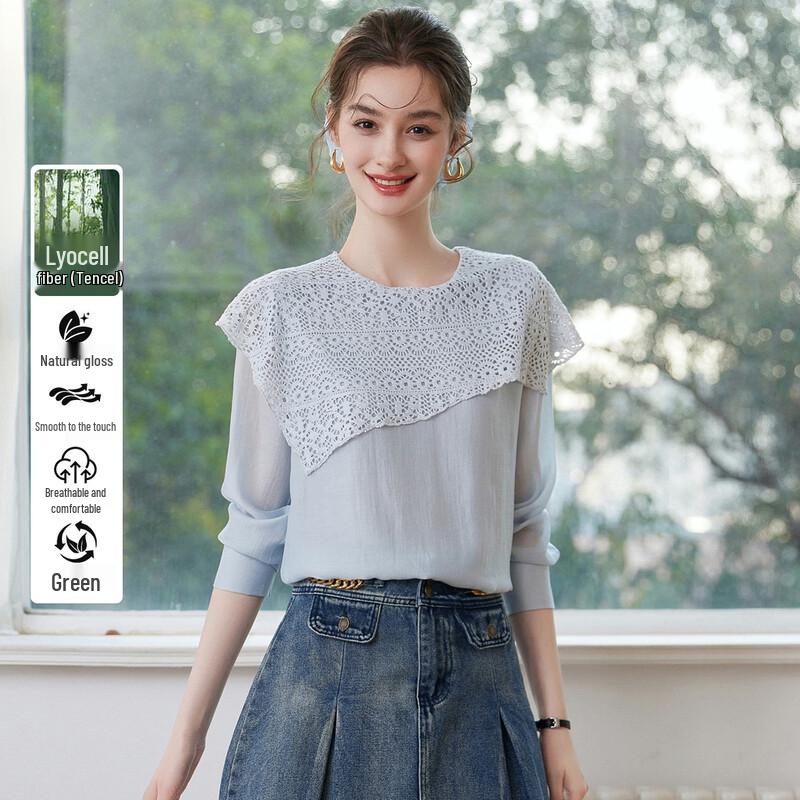 Bailuyu Lyocell Blend Lace Shawl Collar Blouse L