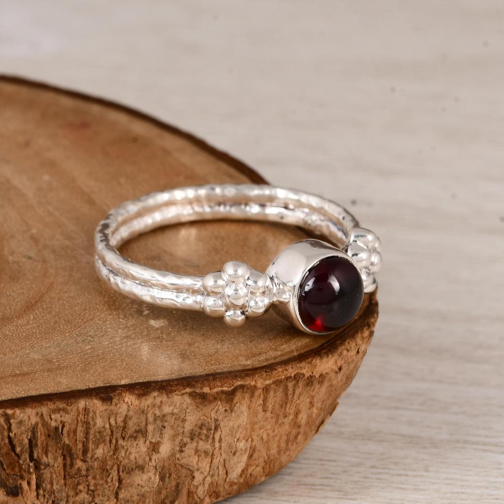 Natural Garnet 925 Sterling Silver Ring, Minimalist Garnet Stacking Ring, Handmade Silver Gemstone Ring for Women.