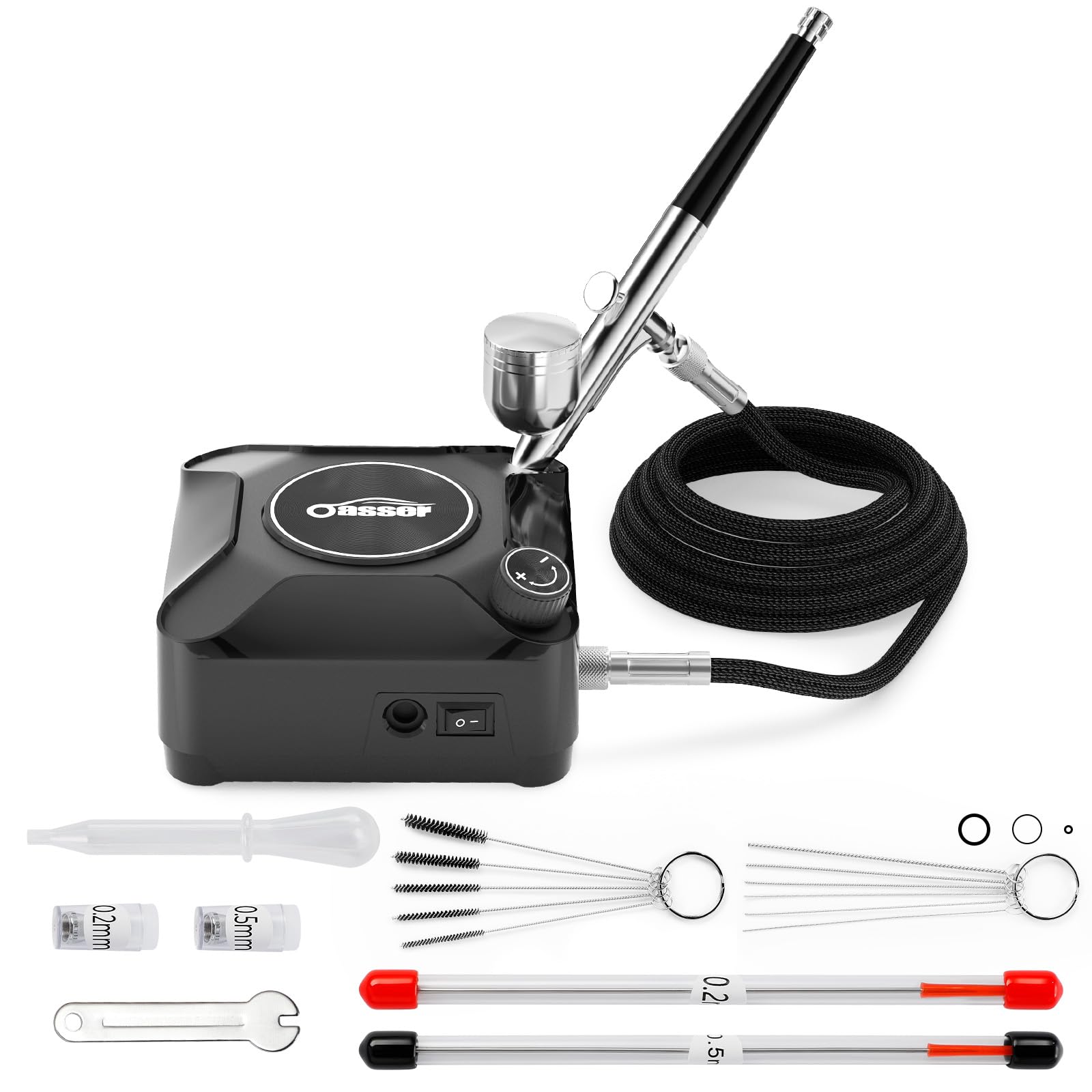 

Oasser Airbrush Set with Mini Compressor Double Action Stepless Pressure Control 2-36 PSI Adjustable Nozzle Diameter 0.2mm 0.3mm 0.5mm Portable