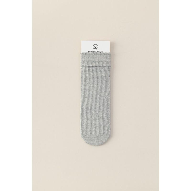 Simple Pure Cotton Boneless Black Fungus Lace Straight Mid-calf Socks for Autumn and Winter, Non-tight Loose Postpartum Socks, Pile Long Socks