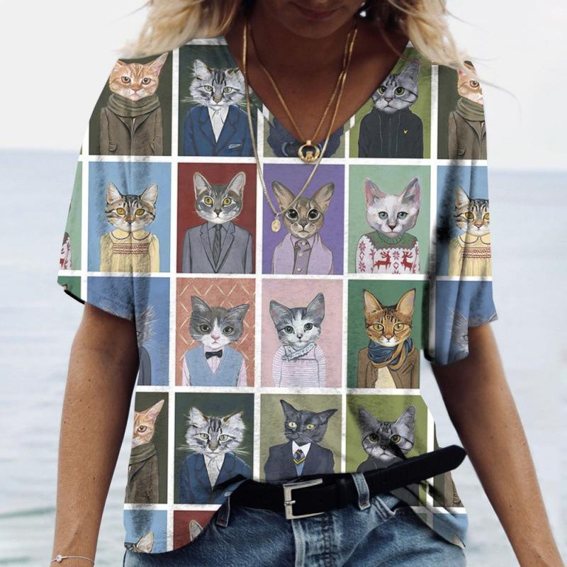 T-shirt d'été à manches courtes et col en V pour femme, imprimé chat 3D, décontracté et tendance