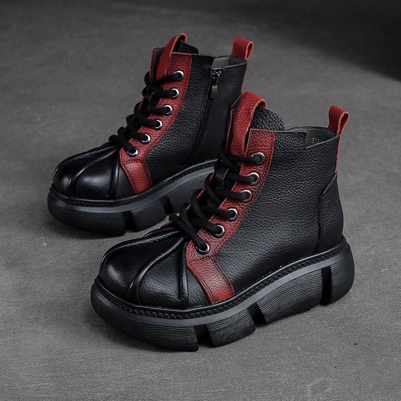 Johnature 2023 Autumn Winter New Retro Short Boots Women Genuine Leather Mixed Colors Thick Soled Versatile Platform Shoes