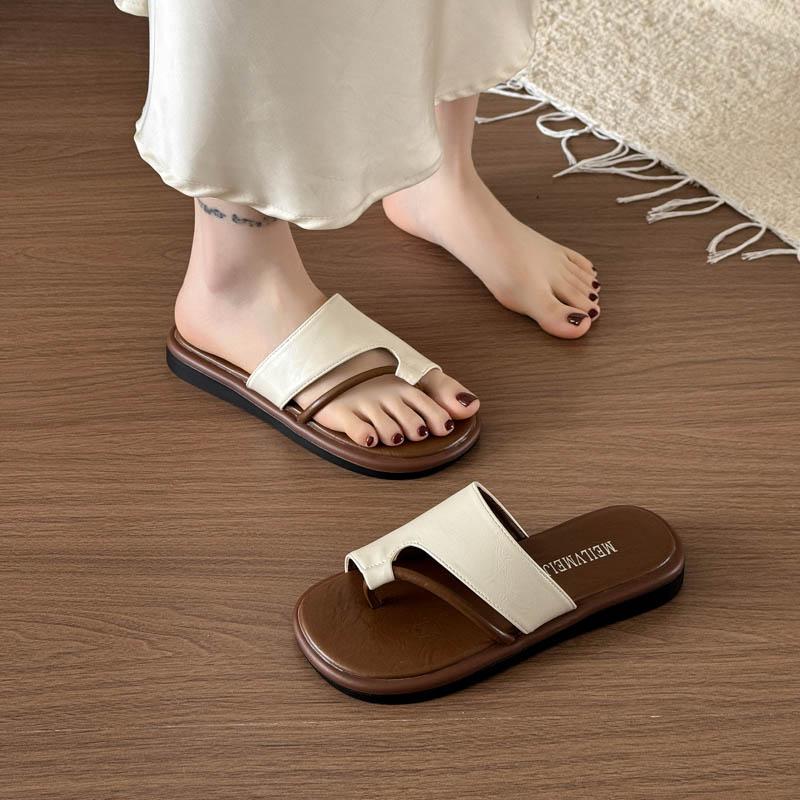 Fashion 2025Women's Slippers Toe Clip Flat Sole Belt Buckle Shoes Dress Leisure Roman Retro Korean Style Summer Zapatillas De Mujer