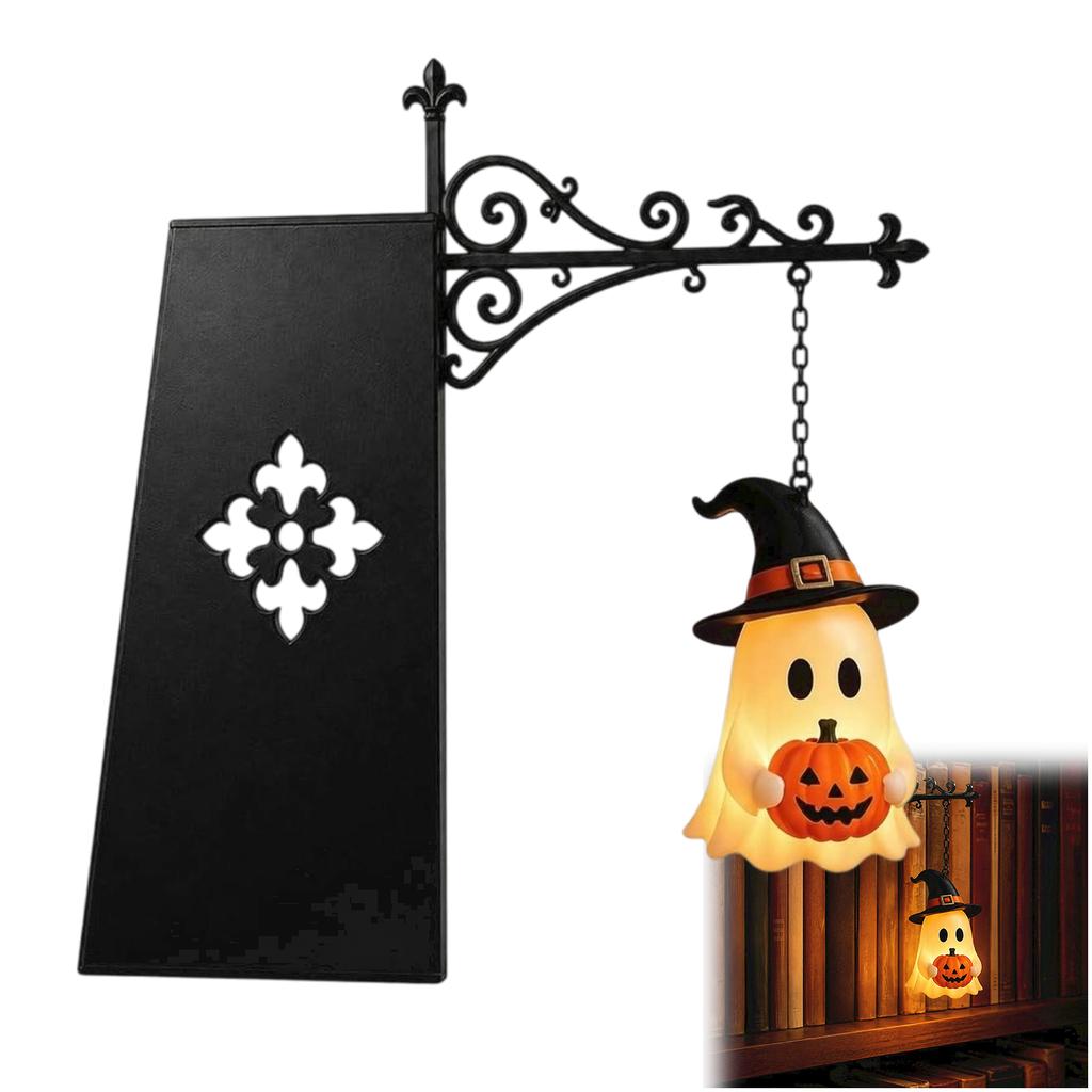 Halloween Library Lantern with Hanging Ghost&Pumpkin Vintage Bookshelf Lamp Gothic Metal Reading Lamp for Book Lovers Gift Ideal