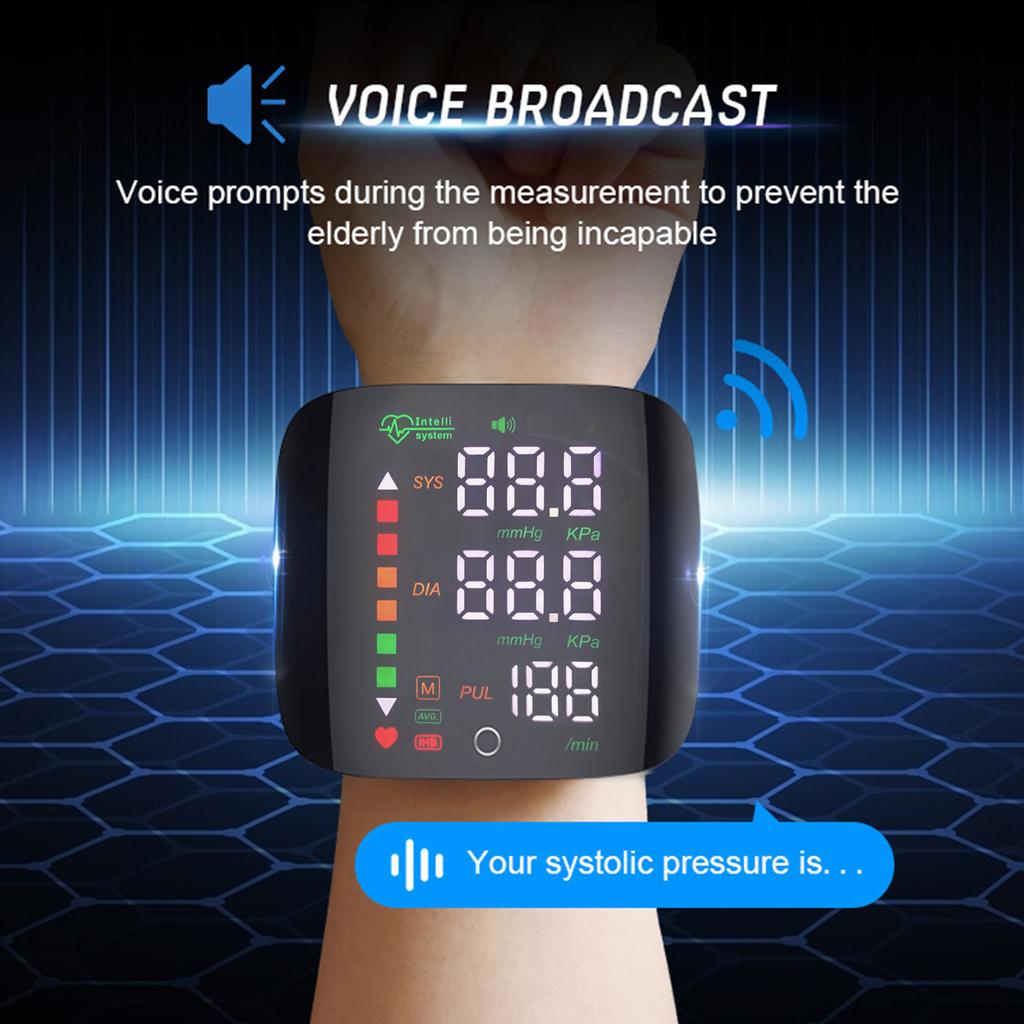 Blutdruckmessgerät, Kontaktbildschirm, dreifarbiges Display, Handgelenkmessung, Zwei-Personen-Speicher
