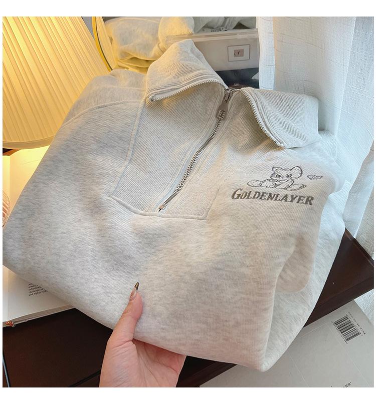Women's Retro Turn-Down Collar Zipper Hoodie - Spring/Autumn Loose Lazy Style Pullover Top