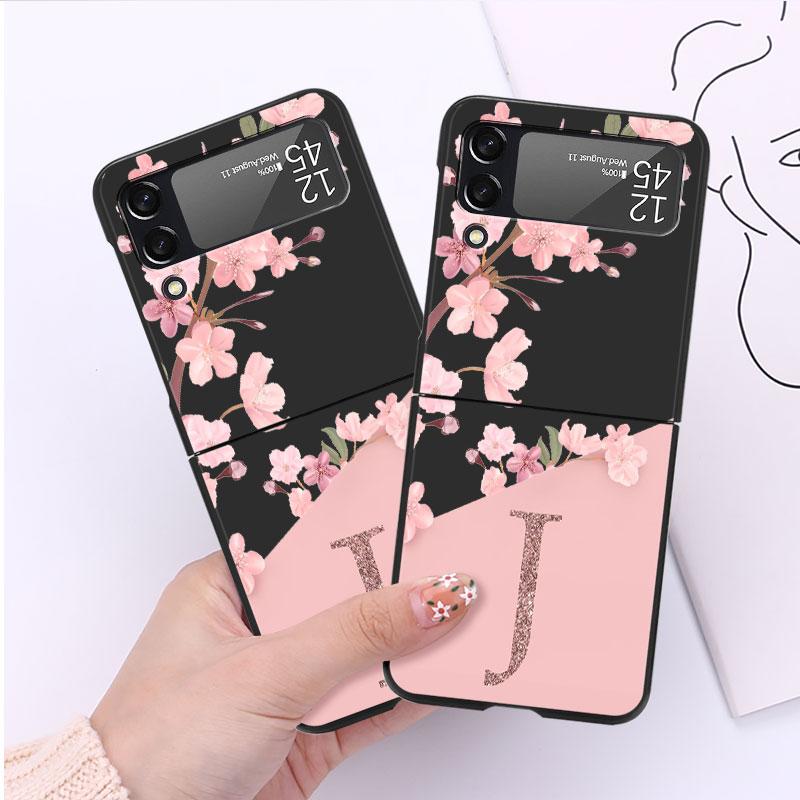 Flower Letter Pink Fashion Initial G L Luxury Case For Samsung Galaxy Z Flip 3 4 5G Funda ZFlip 3 Black PC Hard Back Phone Capas