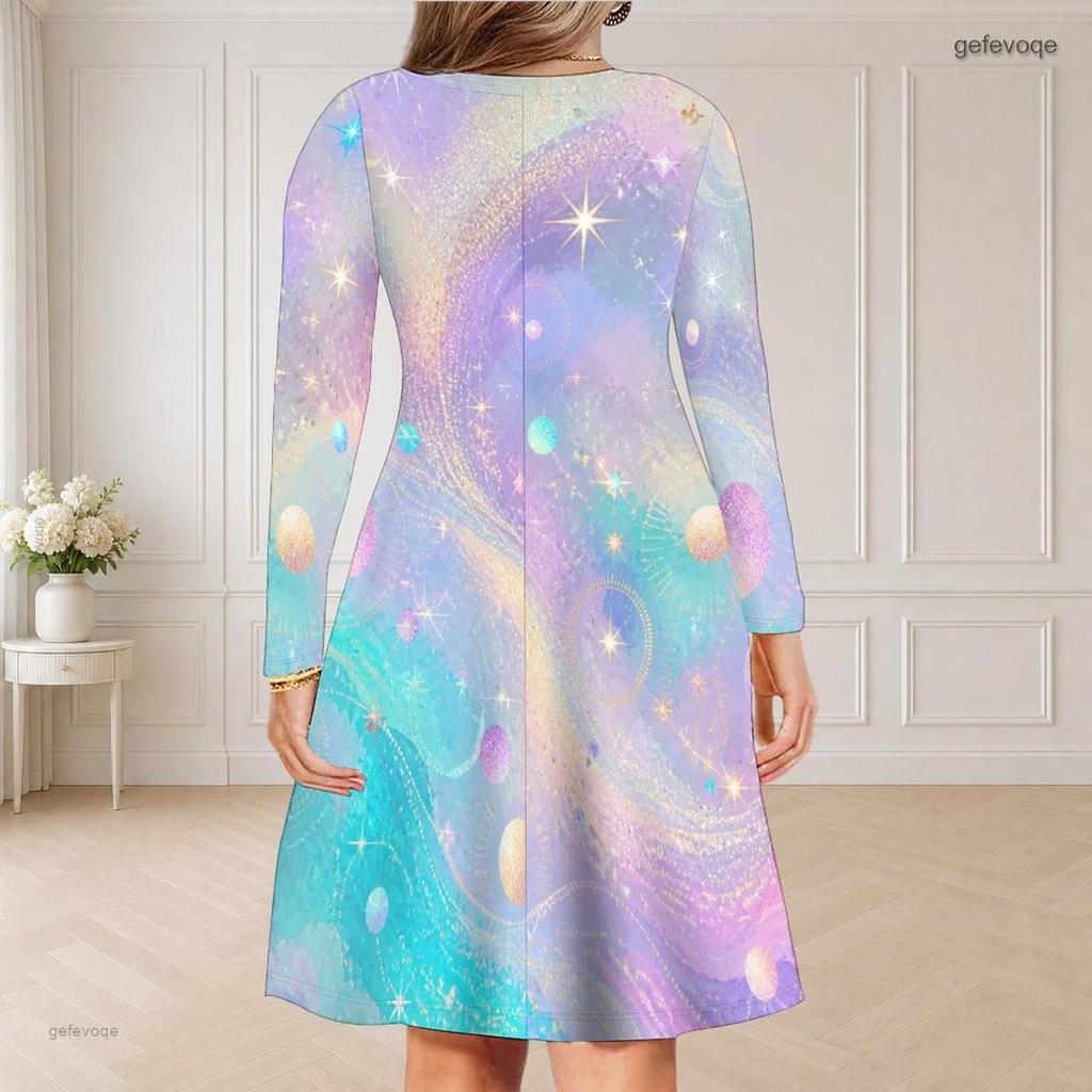 Women Plus Size V Neck Long Sleeve Printed Black Green Gold Curved Hem Dress