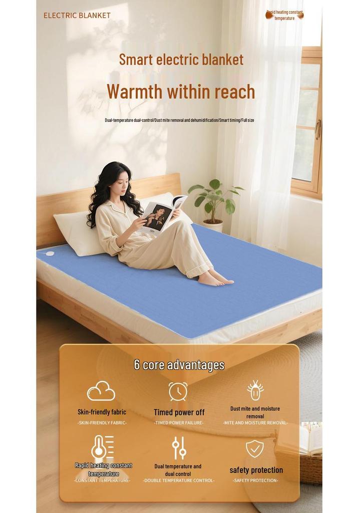 Smart Electric Heating Blanket with Dual Control & Dehumidification for Home - Dust Mite Removal, Water Heating, Constant Temperature
